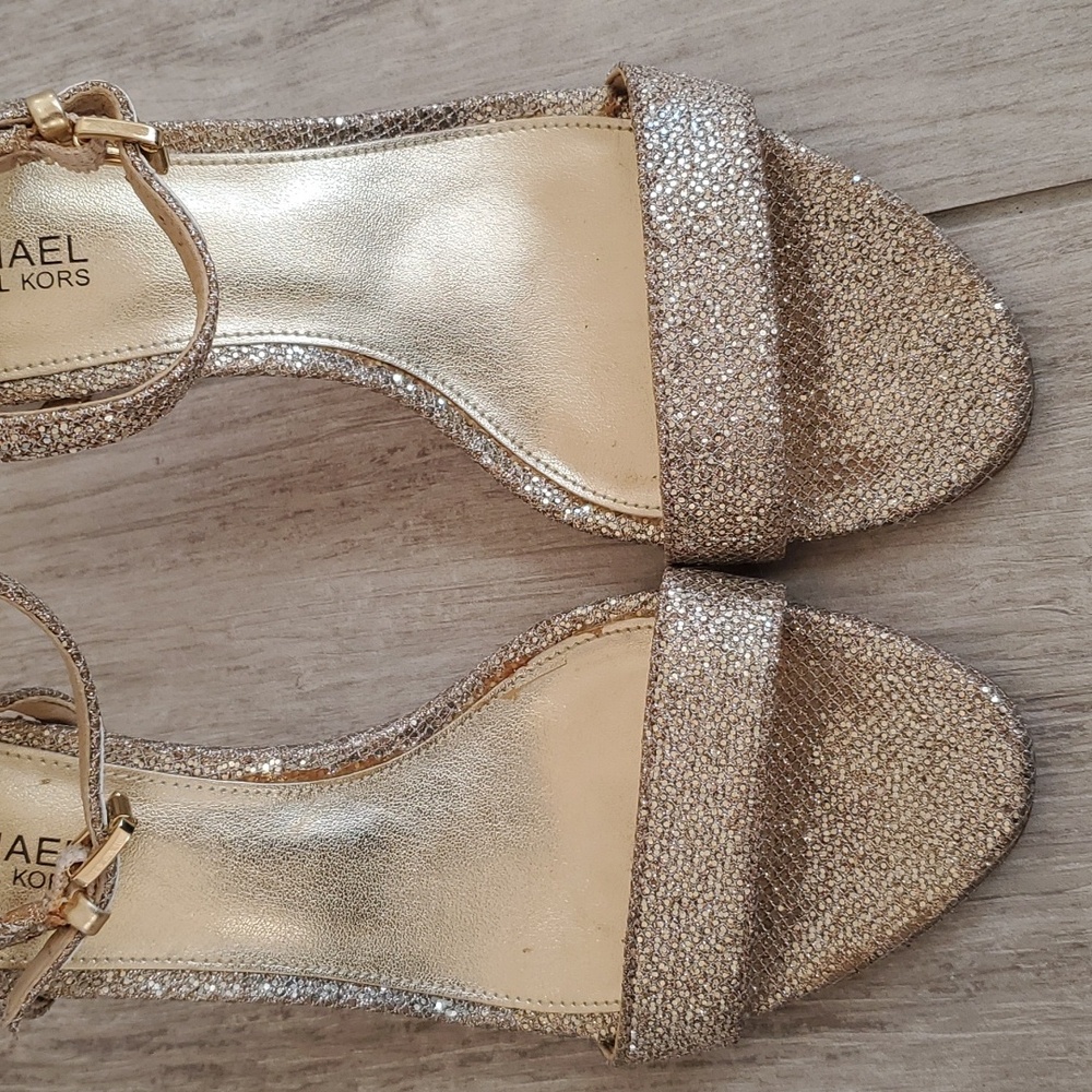 Michael Kors Ava Size Sand Glitter Mid-Heel Sandals Shoes W/Ankle Strap - Picture 11 of 16